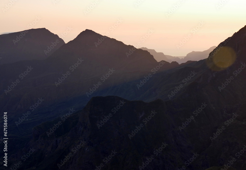 Mountains in the early morning light in Maido, Reunion, France