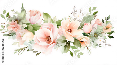 set watercolor elements of pastel roses collection garden flowers; leaves; branches. Botanic; illustration, eucalyptus Wedding floral design, white background