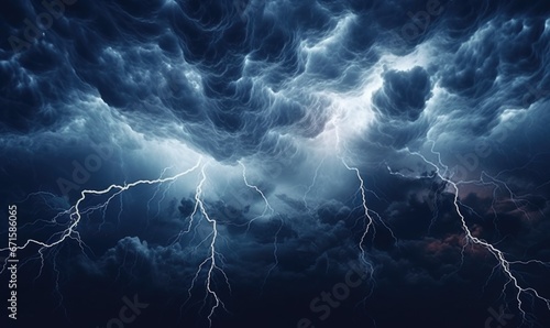 Fiery thunderstorm over the sea. Thunderstorm and lightning in the night sky.