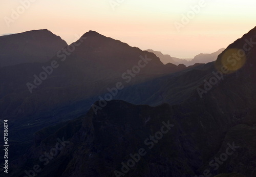Mountains in the early morning light in Maido, Reunion, France photo
