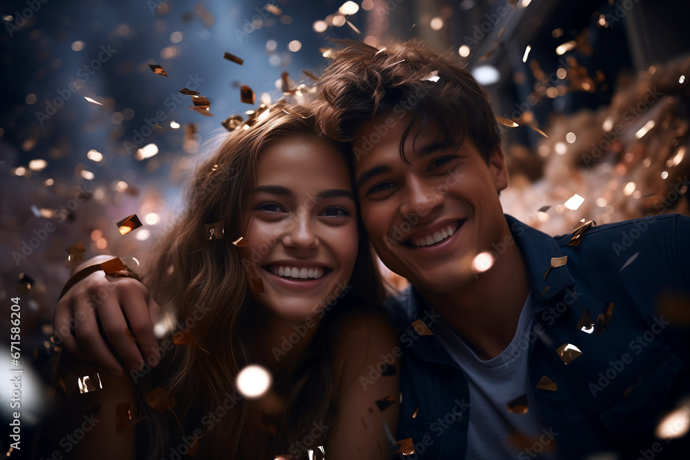 young couple celebrating new year and having fun at big party.