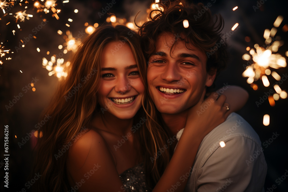 couple at new years eve night with firework in background. couple at new years eve night with firework in background.