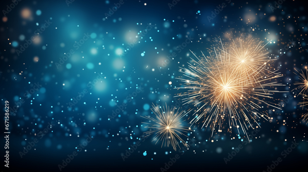 Greeting card Happy New Year. Beautiful holiday web banner or billboard with golden fireworks on a festive blue background Greeting card Happy New Year. Beautiful holiday web banner or billboard with golden fireworks on a festive blue background