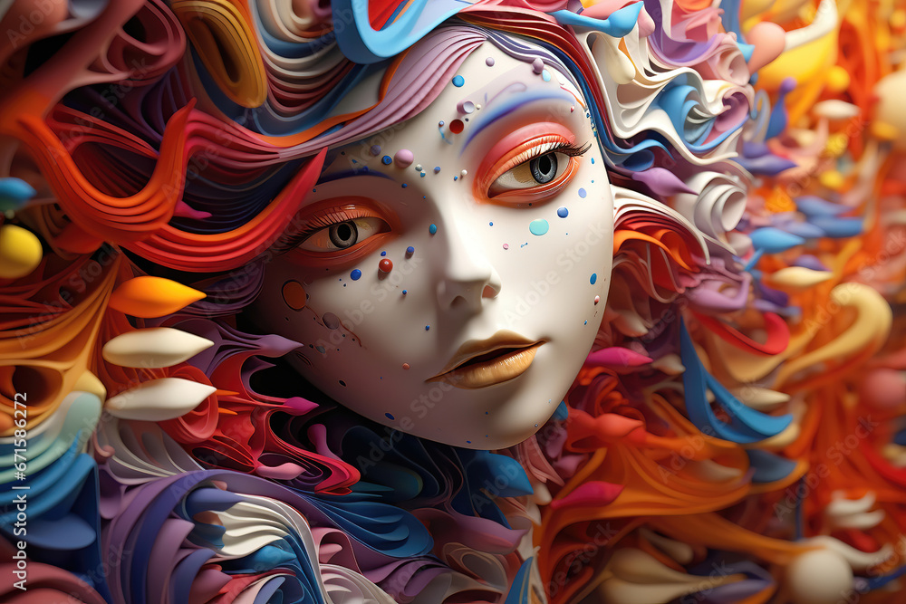 Psychedelic state of mind, fantasy girl with colorful hair, illustration generative AI