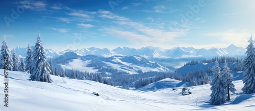 Snowy mountain top with trees abundant snow and a majestic peak under a blue winter sky