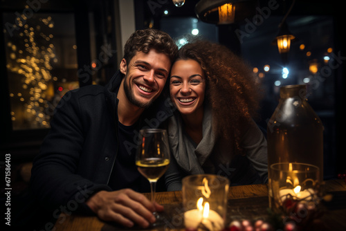 diverse couple celebrating with champagne in a urban bar during christmas time.