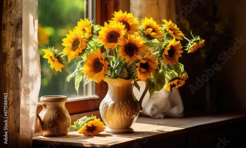 Sunflowers in a vase on the windowsill with books