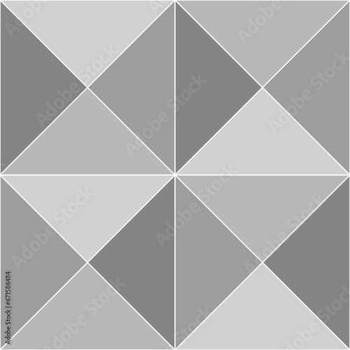Repeated grey triangles on white background. Triangular blocks wallpaper. Seamless surface pattern design with tiles. Mosaic motif. Digital paper with polygons for page fills, web designing. Vector.