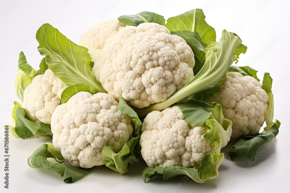 Close-up view of a pile of cauliflower on white background Close-up view of a pile of cauliflower on white background