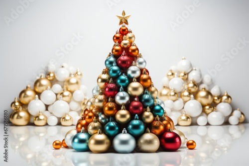 A christmas tree made of colorful bells and lights on a white surface