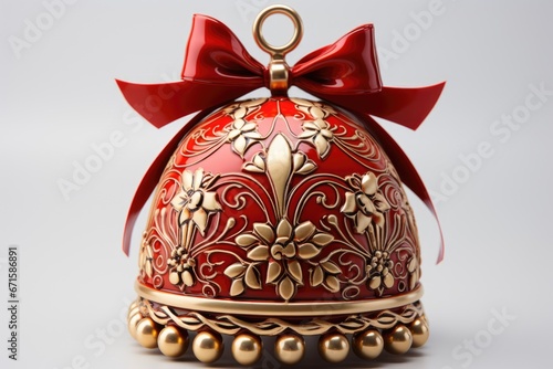 Beautiful artistic christmas decorative golden bell with red bow and berries