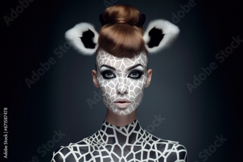 Woman in artistic giraffe make-up.
