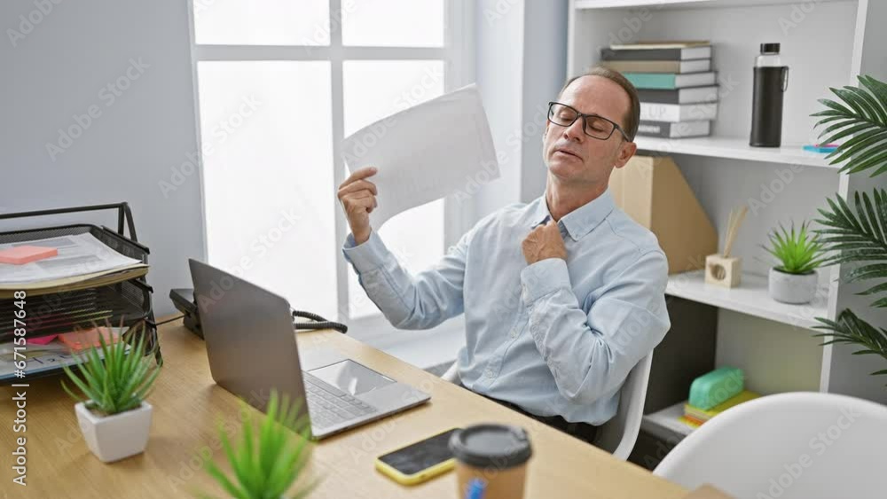 Handsome middle age business worker suffers in office heat, fanning himself with work documents Handsome middle age business worker suffers in office heat, fanning himself with work documents