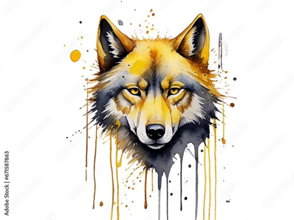 Wolf With Water Color Background. PNG Photo.