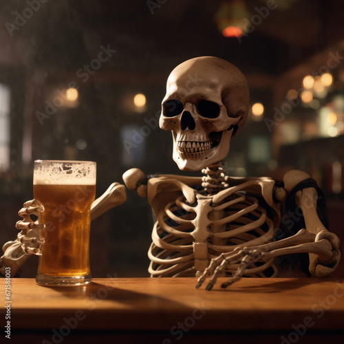 A skeleton having a beer at a bar.
