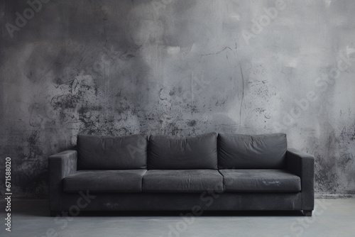 illustration of a black sofa in a room with gray concrete wall. Created with Generative AI © agrus_aiart