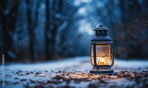 Christmas lantern with snow and bokeh background. Festive decoration. © TheoTheWizard