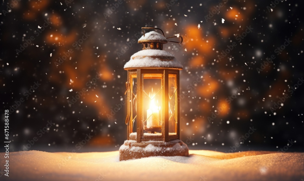 Christmas lantern with snow and bokeh background. Festive decoration. Christmas lantern with snow and bokeh background. Festive decoration.