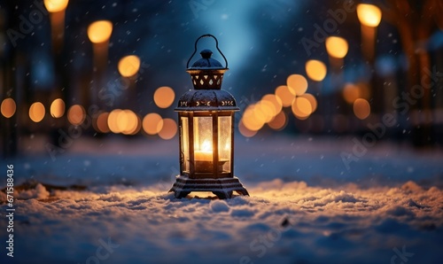 Lantern in the snow at night. Festive background.