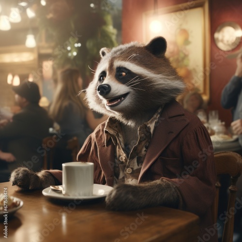 An anthropomorphic raccoon telling a joke over a cup of coffee in a café. © VishusFilms