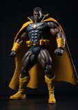 Muscular black action superhero with cape.
