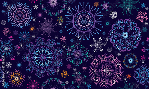Christmas vector seamless pattern with stars and gradient colorful snowflakes on dark violet background