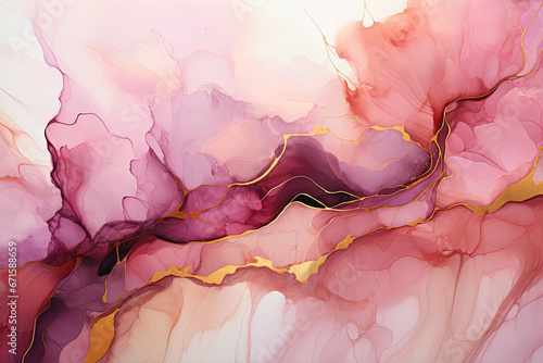 Pink golden line with alcohol ink marble abstract background, Generative Ai