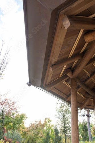 closeup of traditional wooden Japanese house rooftop