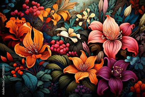 Wallpaper Mural Hand drawn tropical plants flowers, leaves, forest, seamless pattern, artistic drawing.  Torontodigital.ca