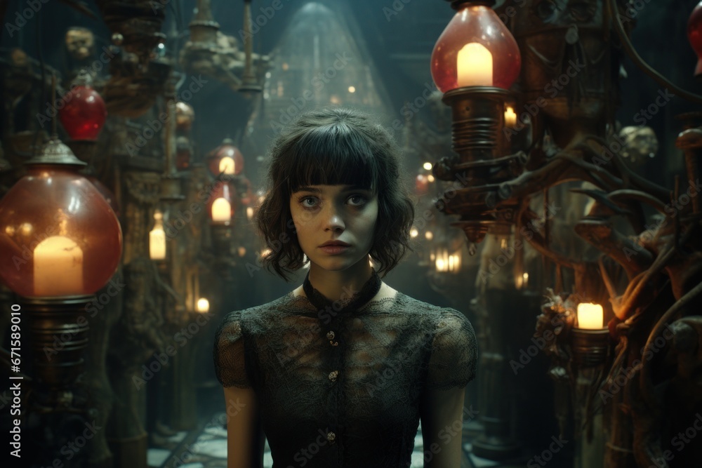 Obraz premium Cinematic scene with a young woman in a curios shop.
