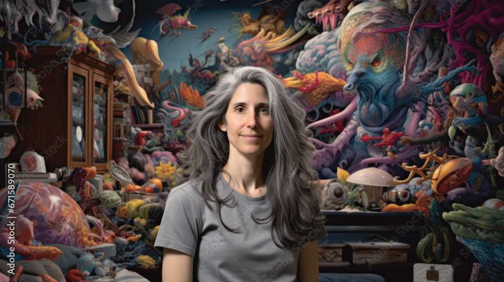 Creative artist in her studio with whimsical ideas background.