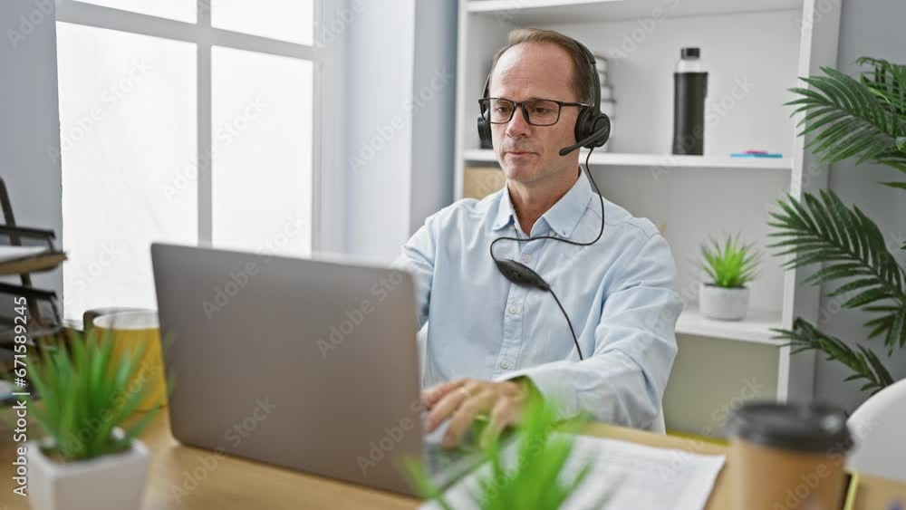 Upset middle age hispanic man working hard on a serious business video call at his elegant office with headphones and laptop on table Upset middle age hispanic man working hard on a serious business video call at his elegant office with headphones and laptop on table