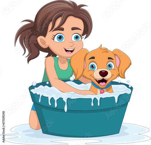 Happy girl bathing dog in bucket