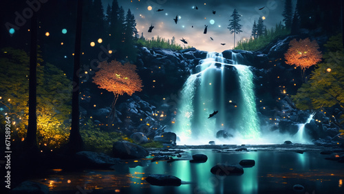 カラフルな蛍の光が乱舞する夜の幻想的な森の中の滝 AI生成画像