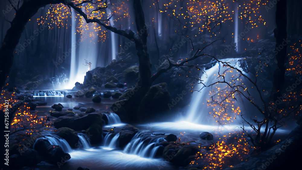 蛍のオレンジ色の光が照らす夜の神秘的な森と滝　AI生成画像 - obrazy, fototapety, plakaty 