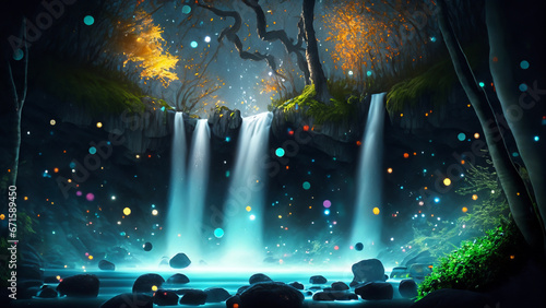 滝の水が青く光る夜の森、蛍のような光が飛び交うファンタジーの世界　AI生成画像