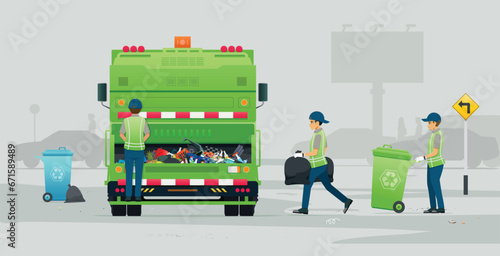 Workers are helping to collect trash against a gray background.