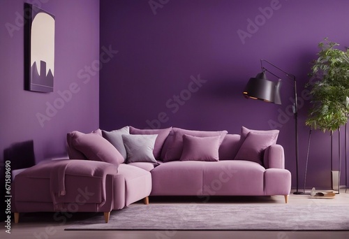 Corner vibrant fabric sofa near purple wall Interior design of modern living room © ArtisticLens