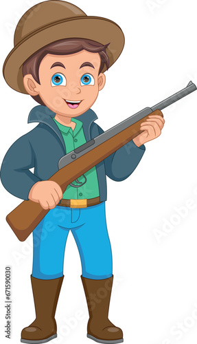 cute hunter boy holding a rifle cartoon