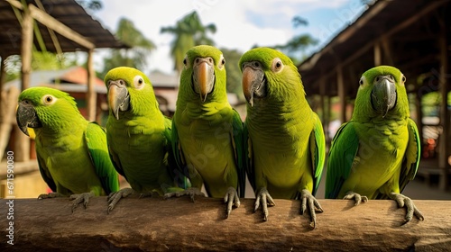 Green parrots in Amazon rainforest village.
 photo