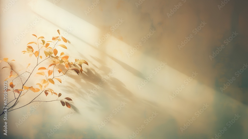 Painting of light reflection on wall with branch. Watercolor pastel colors aesthetic minimalism background with neutral style. Empty wall with color gradients as elegant and simple backdrop - obrazy, fototapety, plakaty 