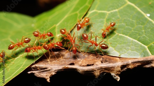 Group of weaver ants working together to cross over to other leaf. 