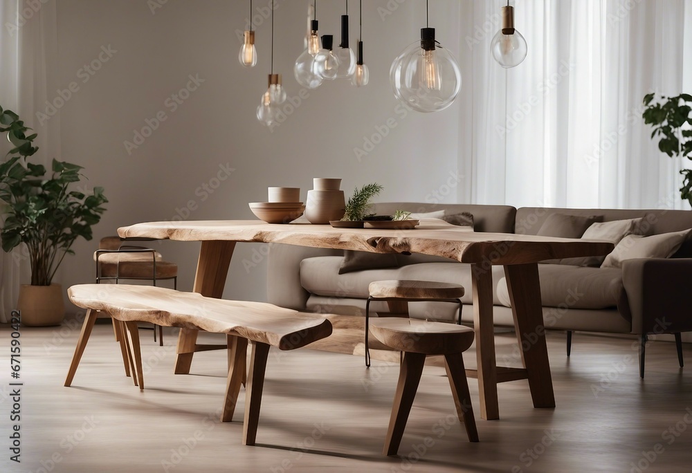 Rustic live edge table and chairs near beige sofa in spacious room Scandinavian interior design