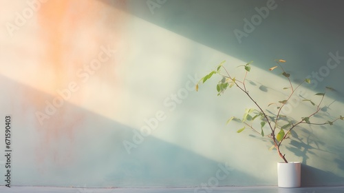 Painting of light reflection on wall with branch vaze. Watercolor pastel colors aesthetic minimalism background with neutral style. Empty wall with color gradients as elegant and simple backdrop