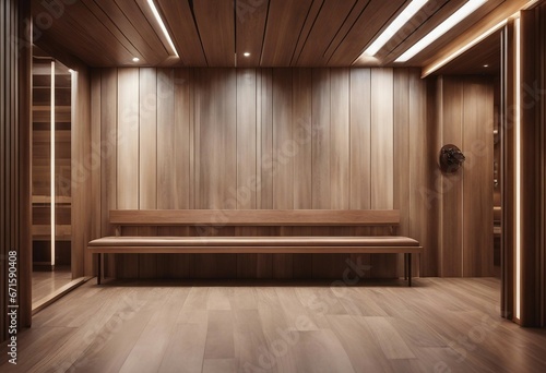 Rustic interior design of modern entrance hall with wooden paneling and bench