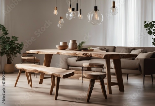 Rustic live edge table and chairs near beige sofa in spacious room Scandinavian interior design © ArtisticLens