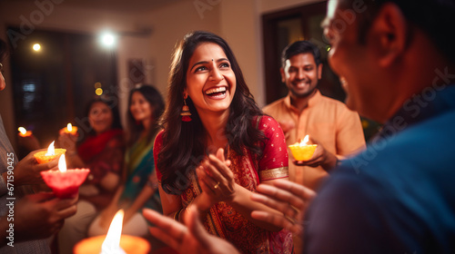 Indian Hindu family gathered together celebrating Diwali at home - Model by AI generative