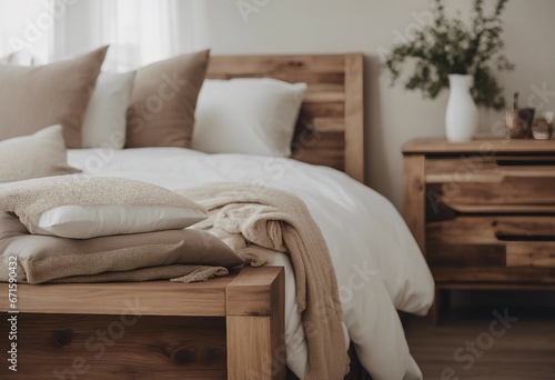Rustic bedside cabinet near bed with beige pillows Farmhouse interior design of modern bedroom