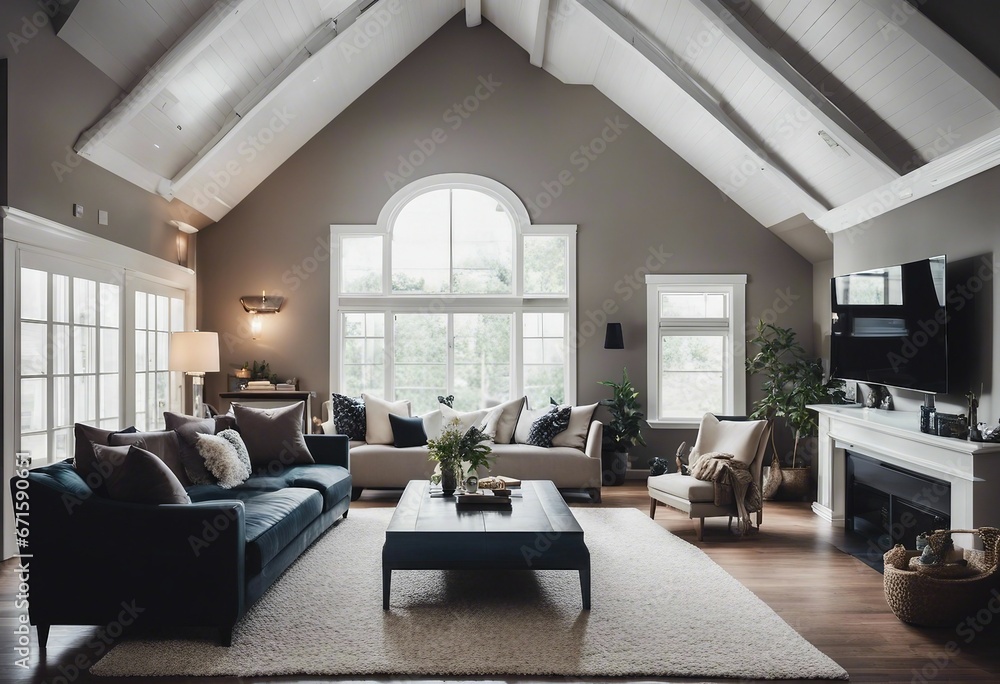 Traditional home interior design of modern living room with vaulted ceiling Traditional home interior design of modern living room with vaulted ceiling