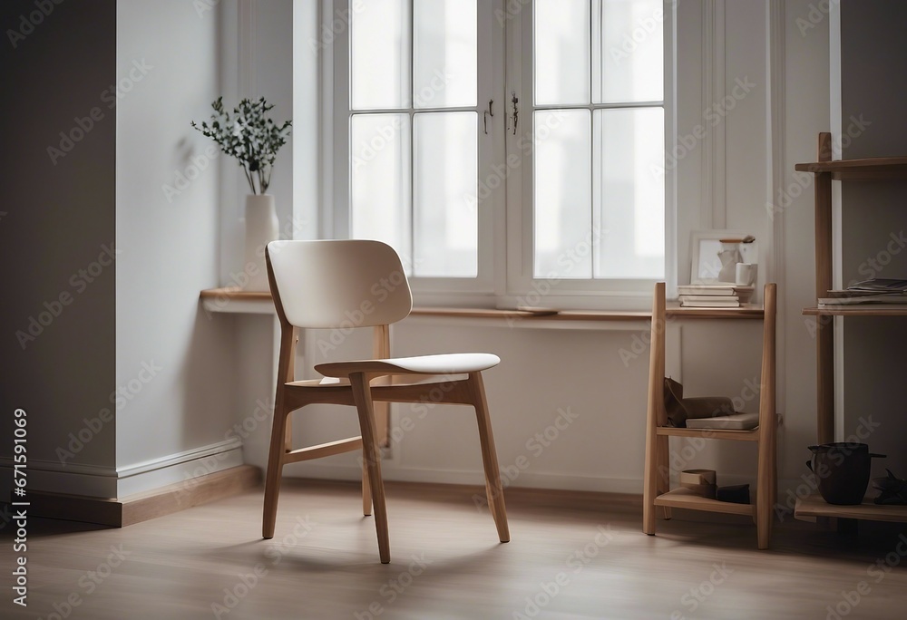 Beige wooden chair against window near dark stucco wall with shelving unit Scandinavian style interior Beige wooden chair against window near dark stucco wall with shelving unit Scandinavian style interior